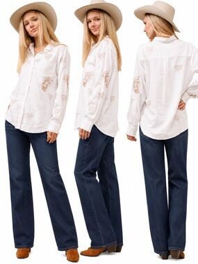 NEW blue b Tan Embroidered Vintage Cowgirl "Be Legend" Button Up White Shirt